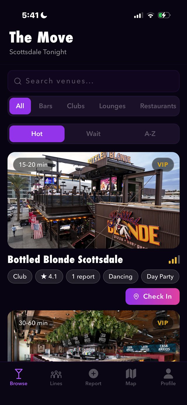Browse screen: Scottsdale venues with live wait times, VIP badges and a Check In button