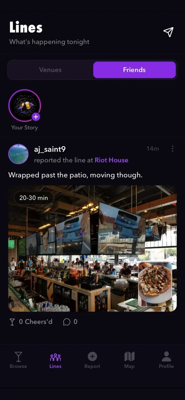 Lines feed: a friend reports a 20-30 minute line at Riot House, with a photo from inside
