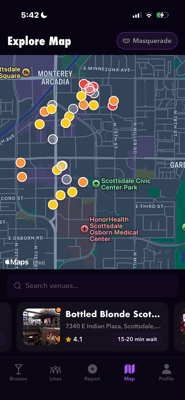 Explore Map: venue pins colored by wait time across Old Town Scottsdale